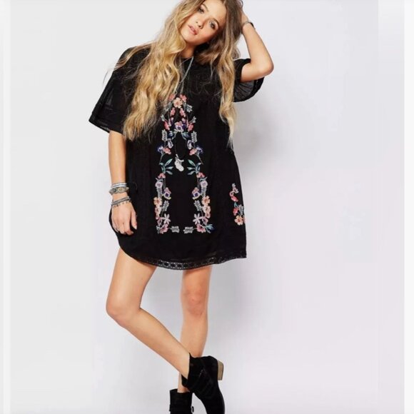 FREE PEOPLE Perfectly Victorian Floral Embroidered Mini Boho Dress | Size S - Picture 1 of 9